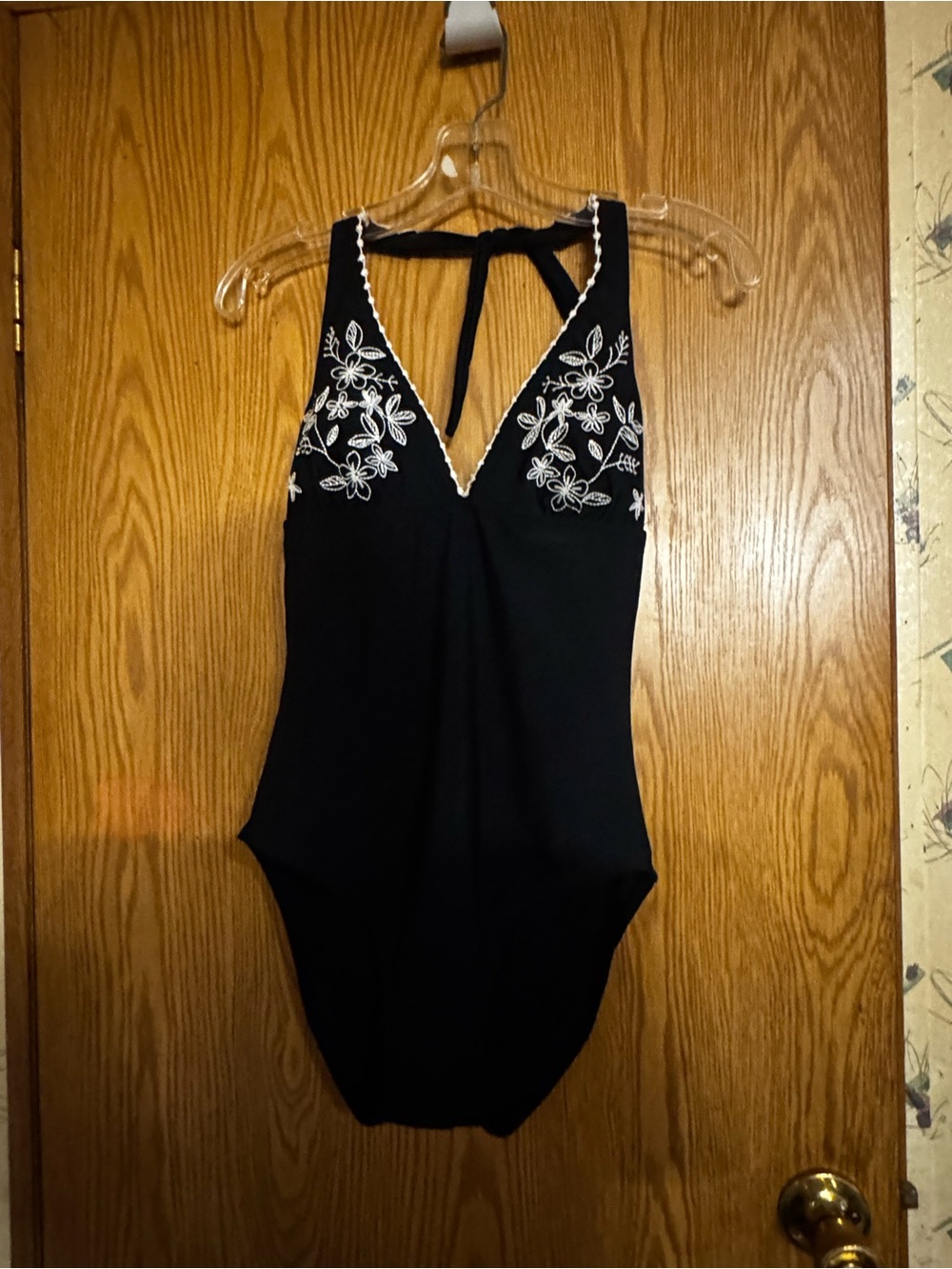 Source Unknown Black One-Piece Swimsuit with White Floral Embroidery